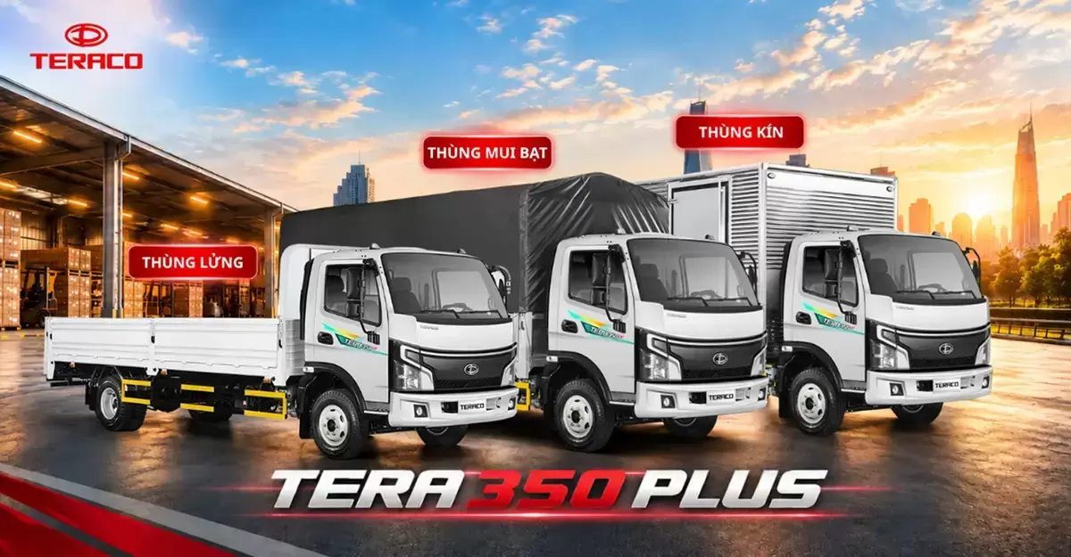 xe tải TERA 350 Plus với các loại thùng khác nhau gồm thùng lửng, thùng kín và thùng mui bạt.